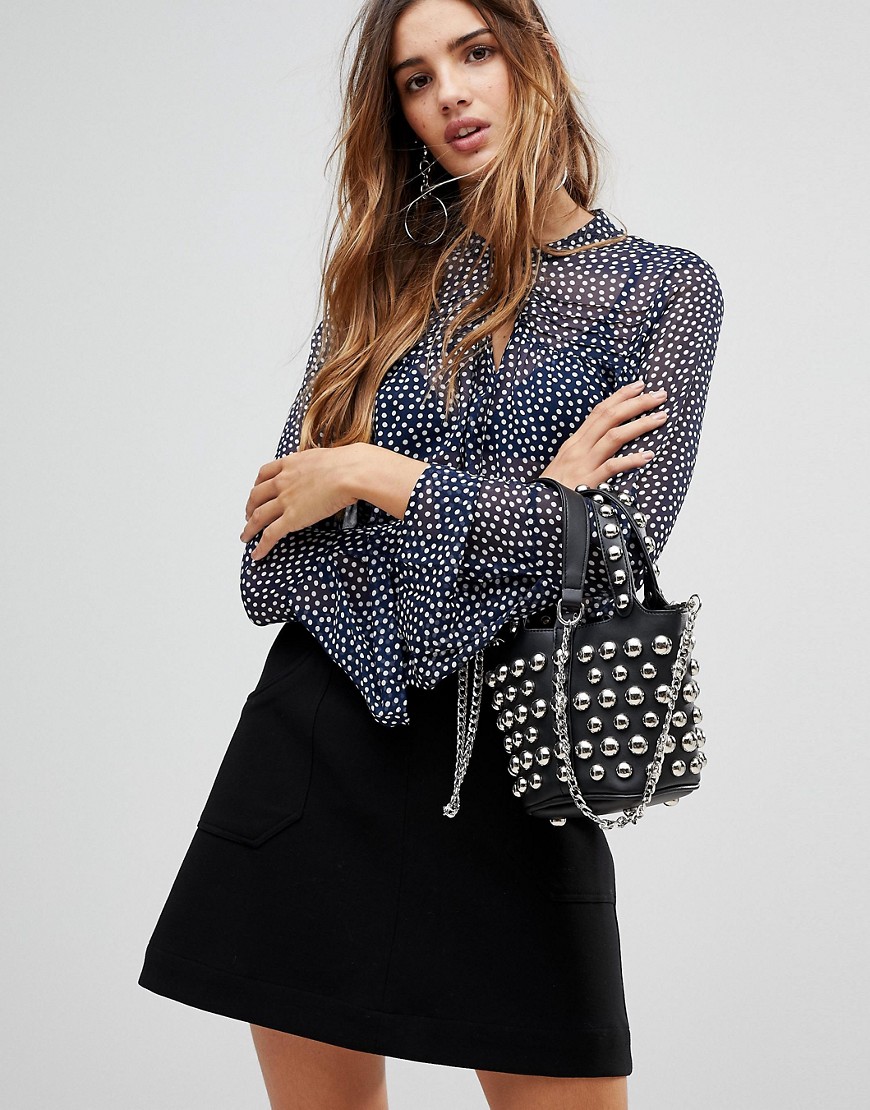 Crescent Polka Dot Front Tie Bell Sleeve Blouse - Navy