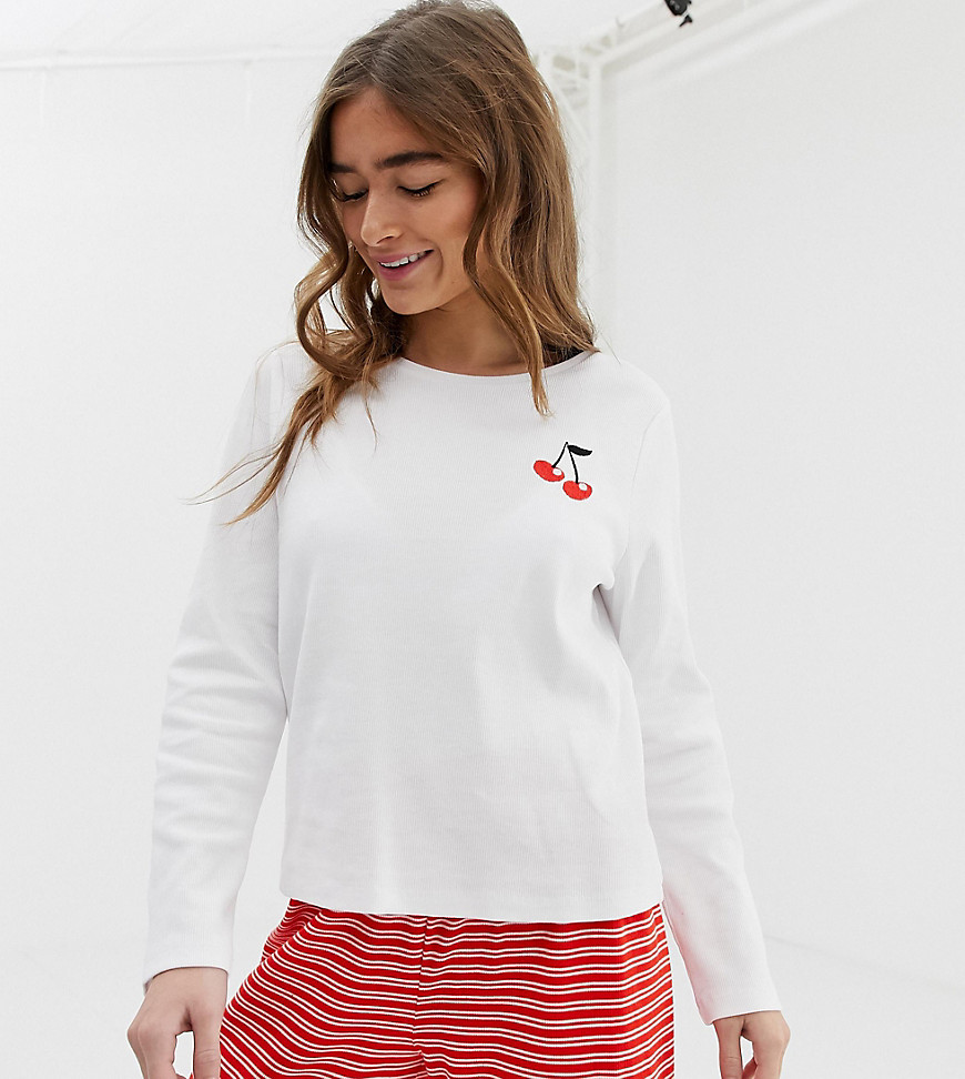 ASOS DESIGN Petite mix & match cherry embroidered pyjama long sleeve top