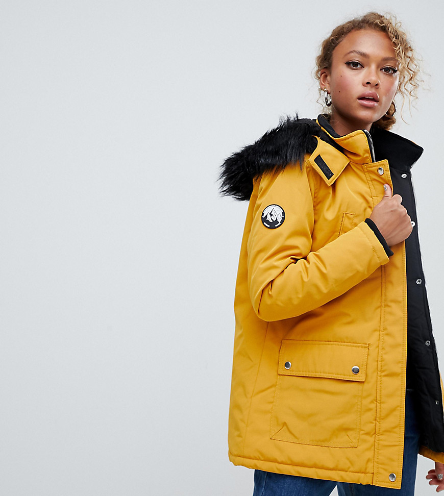 New Look parka coat in mustard with faux fur hood