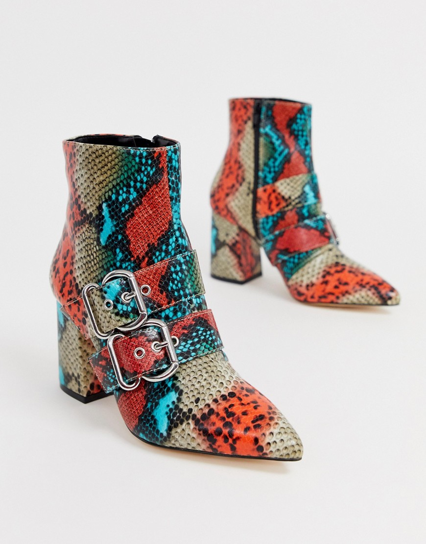 Miss Selfridge pointed boots with double buckle in snake print