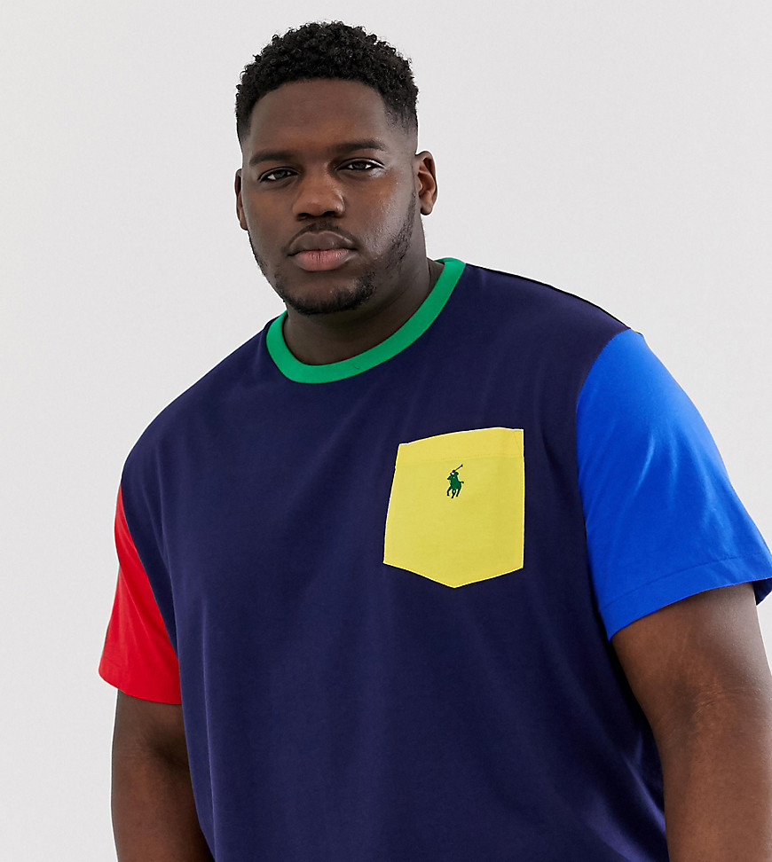Polo Ralph Lauren Big & Tall player logo colourblock pocket t-shirt in navy