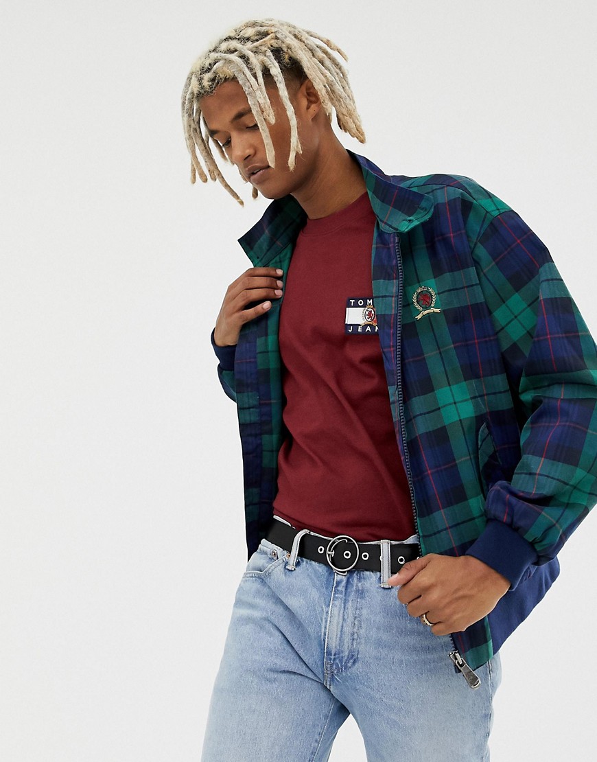 Tommy Jeans 6.0 limited capsule harrington jacket in green and navy tartan with crest back logo