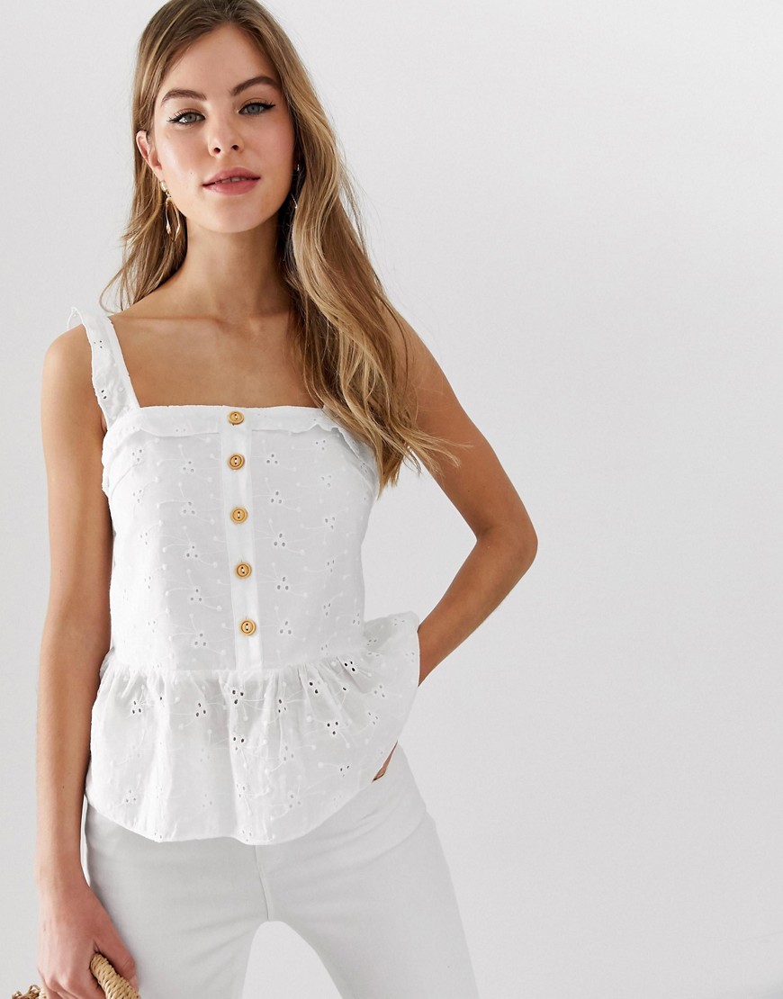 Parisian button down cami top with peplum hem in broderie