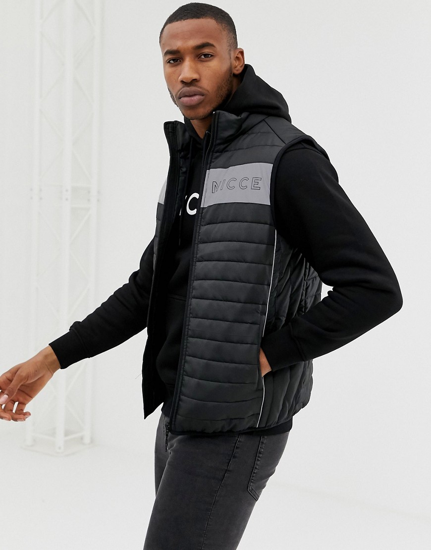 Nicce quilted gilet in black with reflective panel