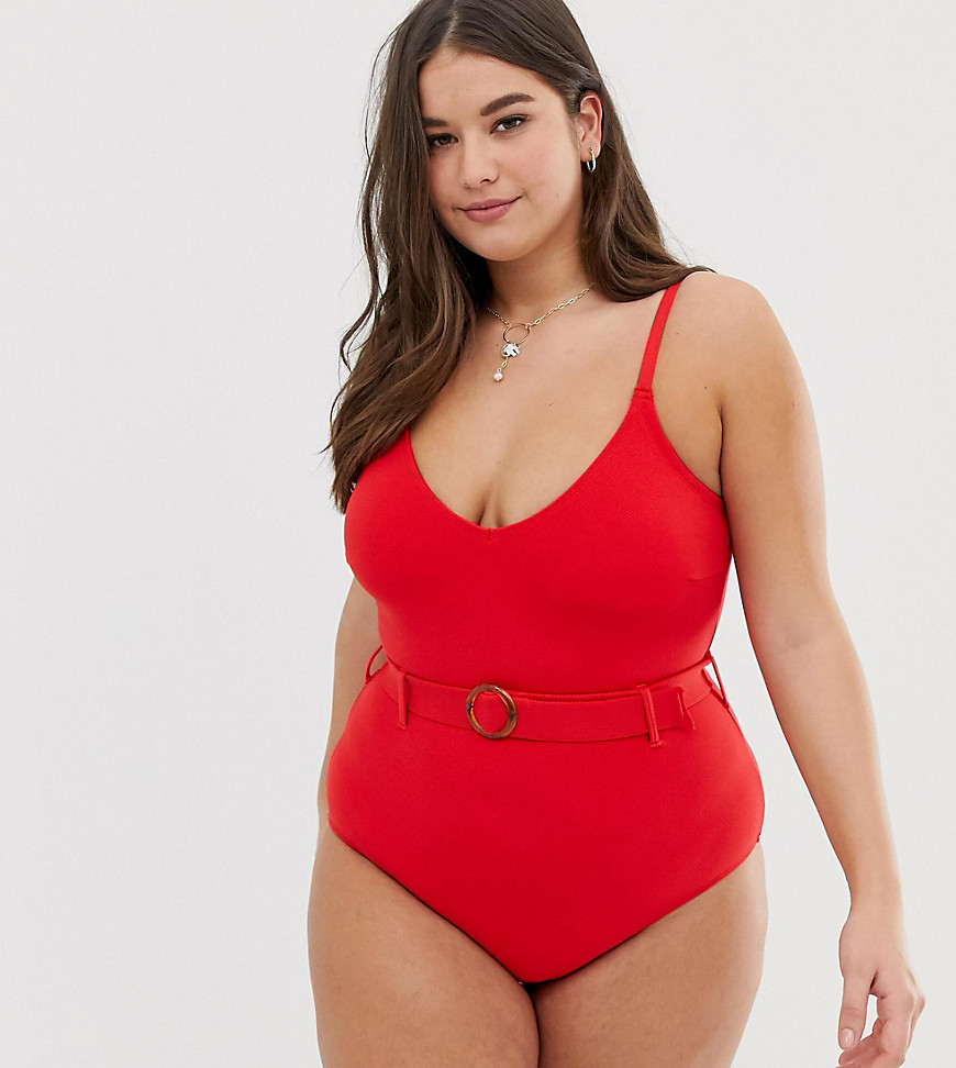 New Look Curve belted swimsuit in red pattern