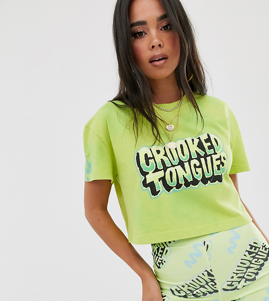 Crooked Tongues cropped t-shirt with front print in washed fluro