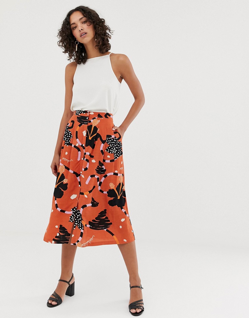 Selected Femme button down midi skirt in abstract print