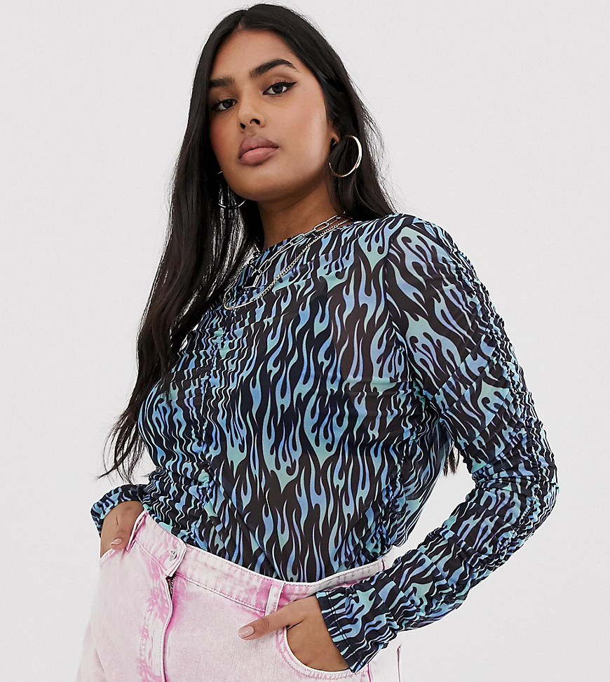 COLLUSION Plus mesh ruched top in flame print