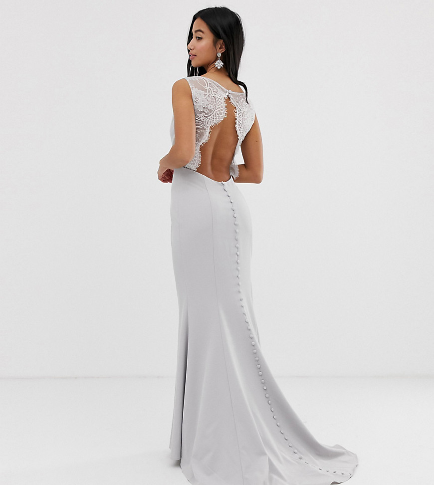 Jarlo Petite maxi dress with lace open back and train in silver grey