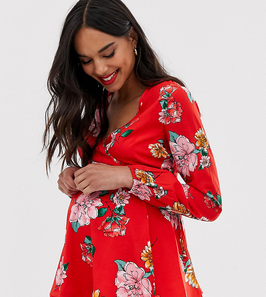 Influence Maternity wrap front floral blouse with flutter sleeve