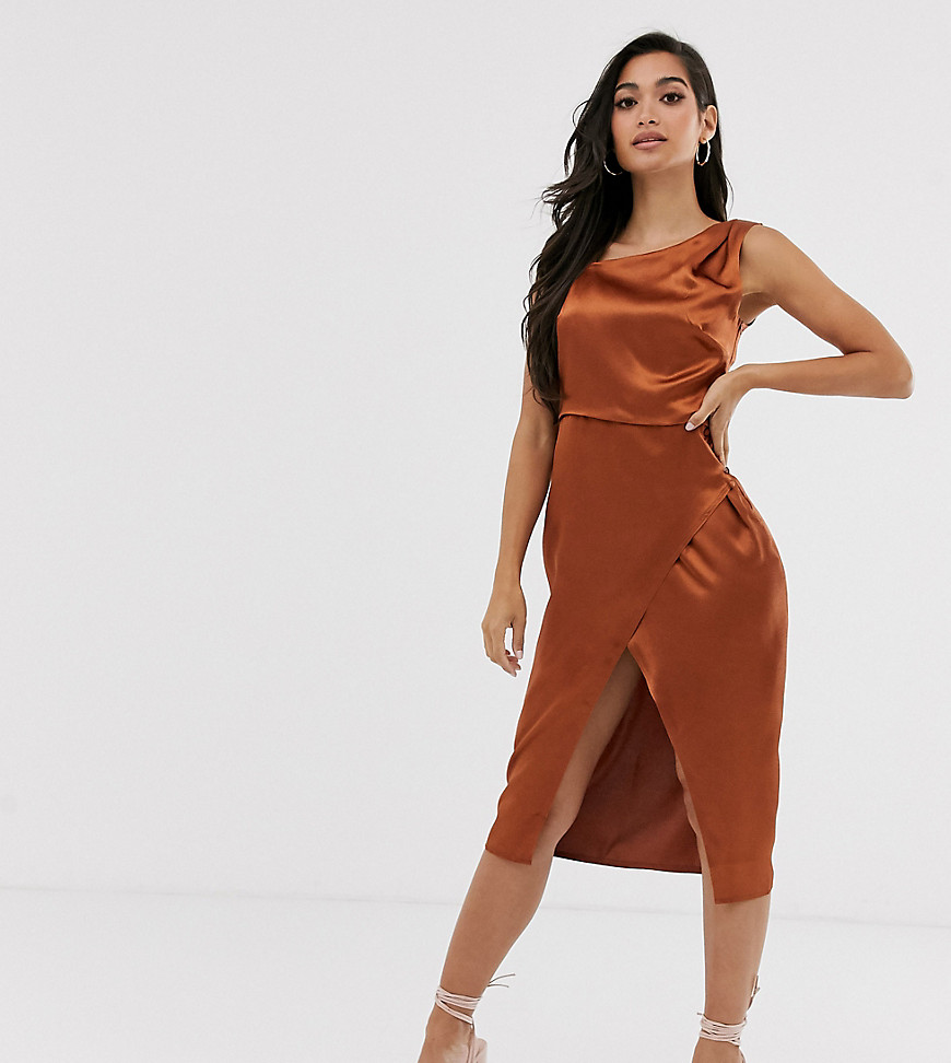 Outrageous Fortune Petite satin asymmetric shoulder dress in chocolate
