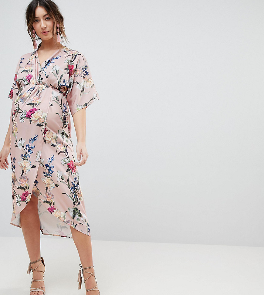 Hope & Ivy Maternity Kimono Style Wrap Dress In All Over Floral - Multi
