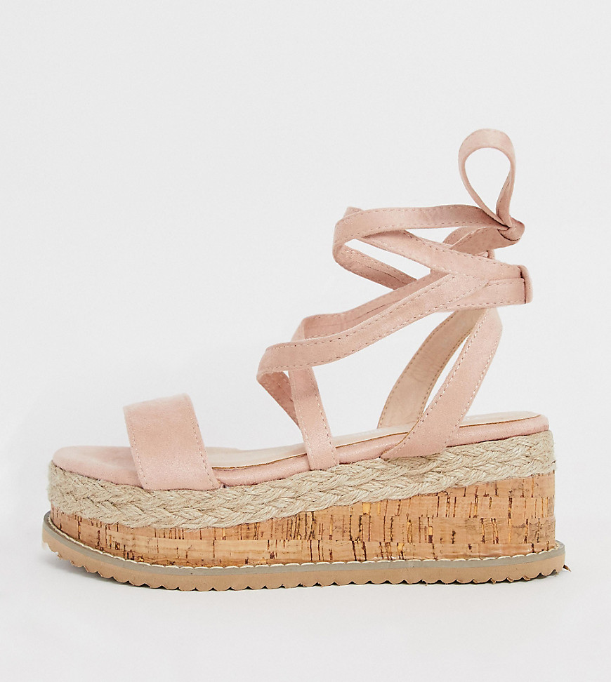 PrettyLittleThing flatform espadrille sandal with tie ankle detail in pale pink