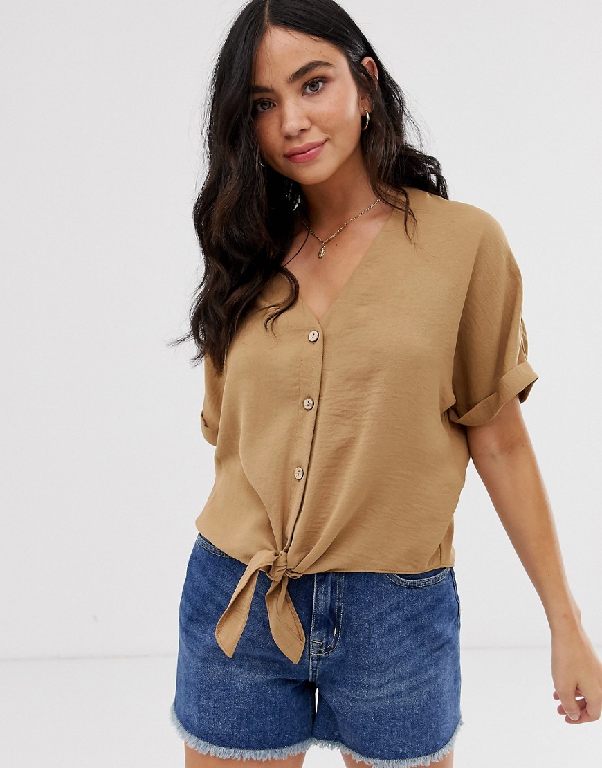 New Look button down tie front blouse in camel