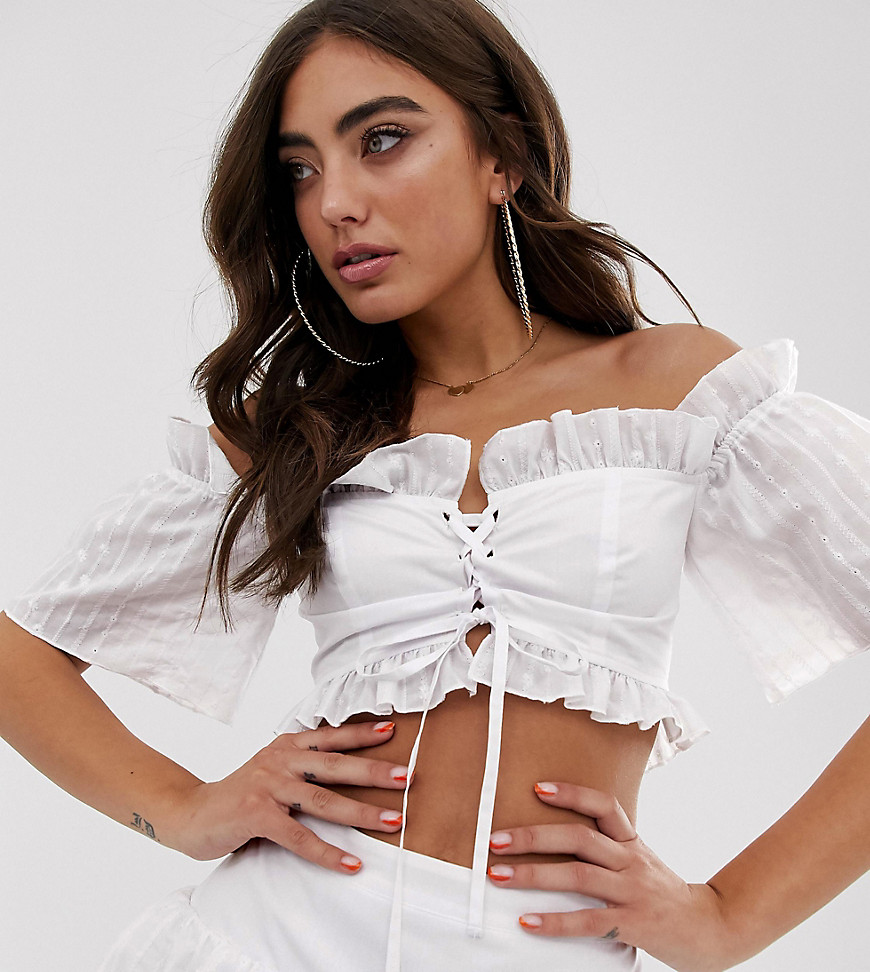 House of Stars off shoulder top in broderie with lace up detail co-ord