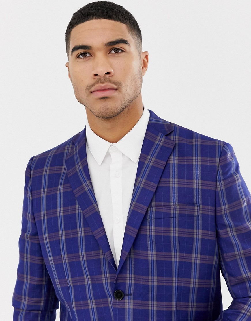 boohooMAN skinny fit suit jacket in blue check