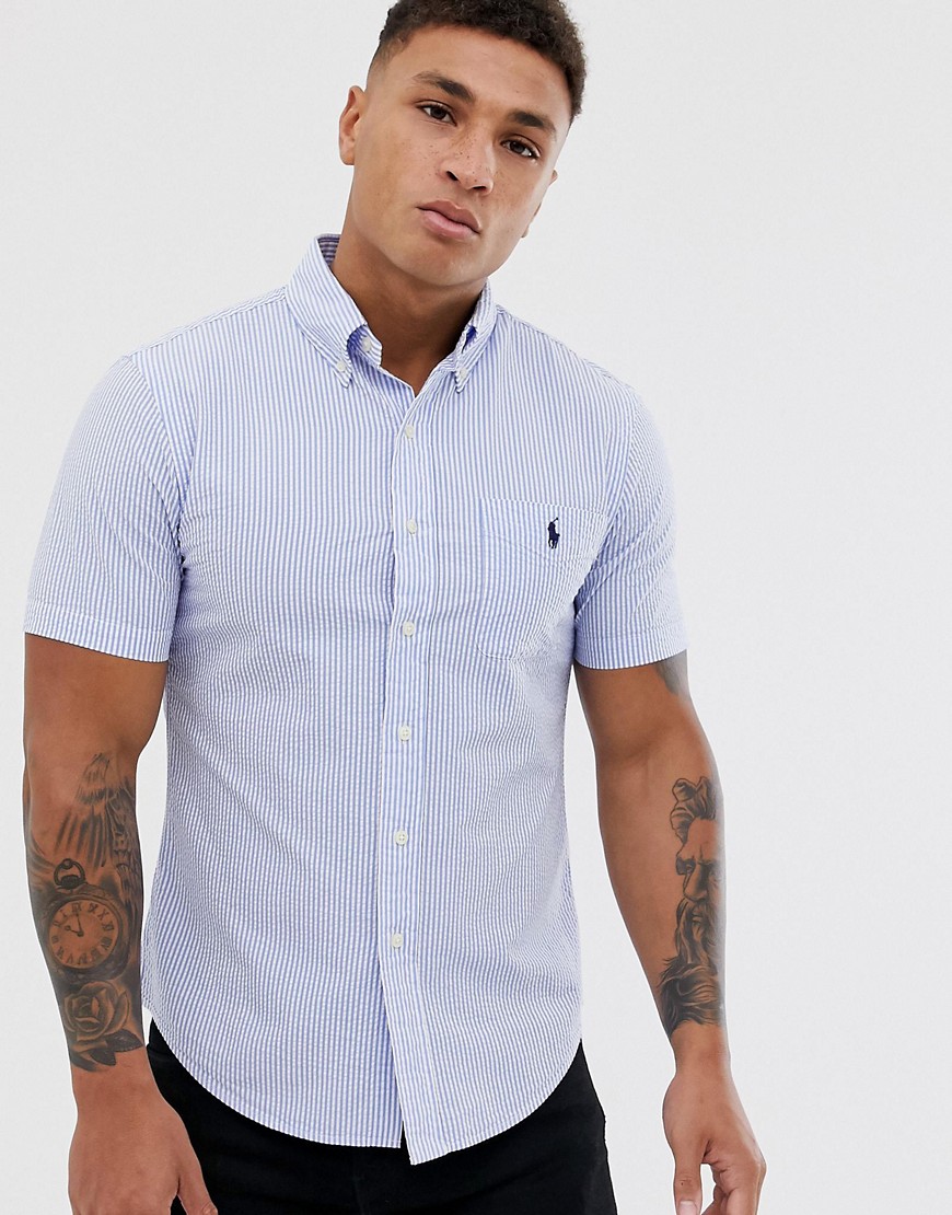 Polo Ralph Lauren player logo pocket short sleeve stripe seersucker shirt slim fit in blue/white