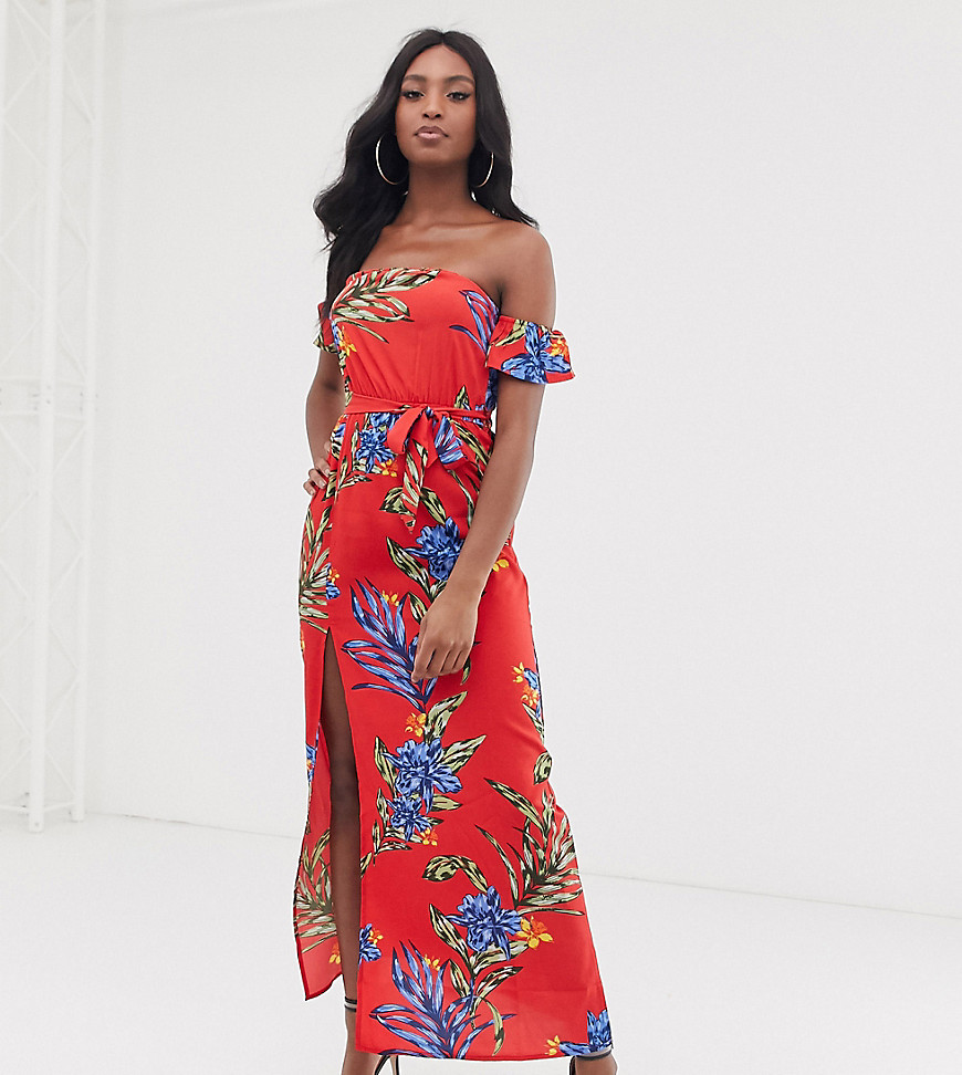 Influence Tall off shoulder maxi dress in bold floral print