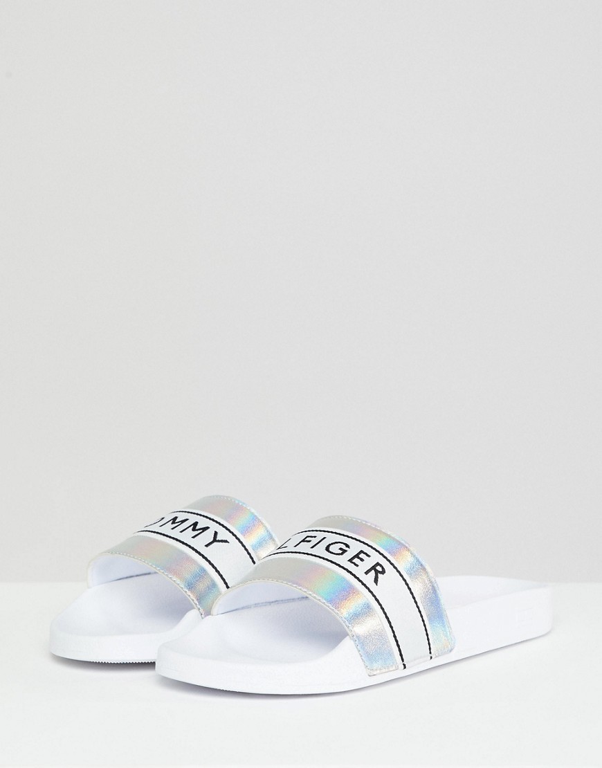 Tommy Hilfiger Metallic Pool Sliders With Logo Tape - White