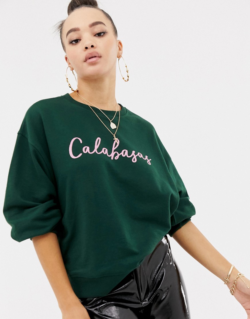 Missguided Calabasas slogan sweatshirt in green - Forest green