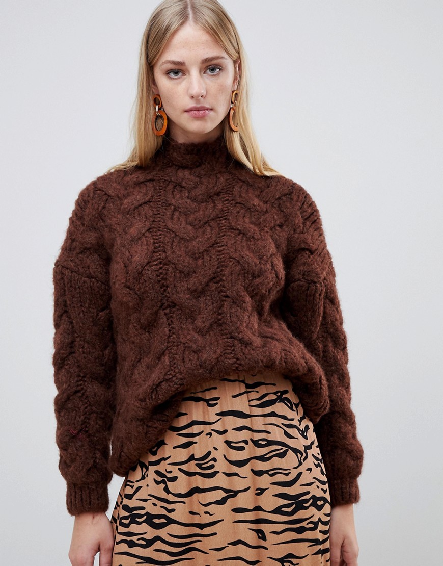 Mango oversized cable knit in chocolate in brown