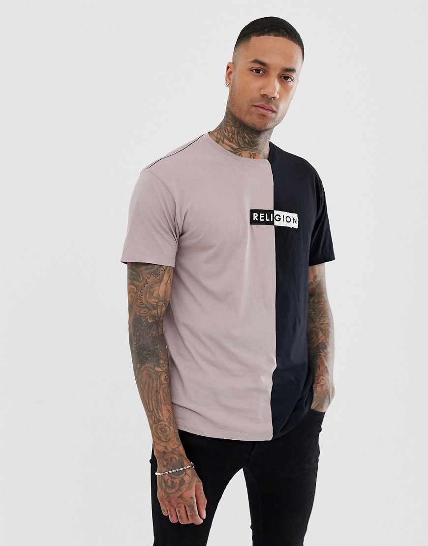 Religion splice t-shirt with logo in black and dusty pink