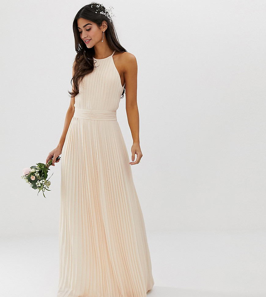 TFNC Petite bridesmaid exclusive high neck pleated maxi dress in pearl pink