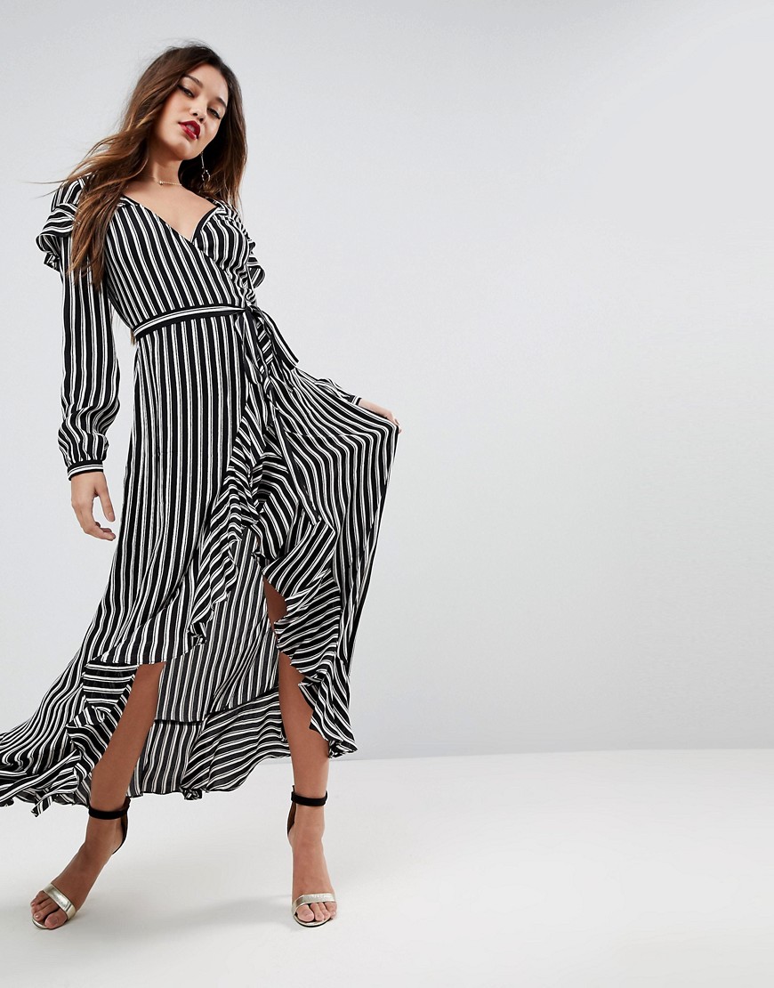 Asos Design Asos Long Sleeve Ruffle Wrap Tea Maxi Dress In Stripe-multi