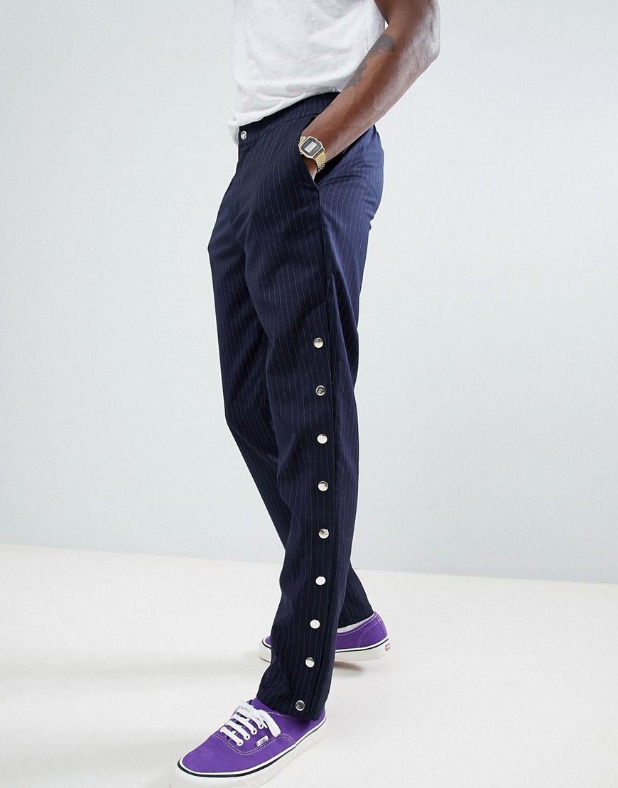 ASOS DESIGN Slim Trousers Co-Ord In Navy Pinstripe With Poppers