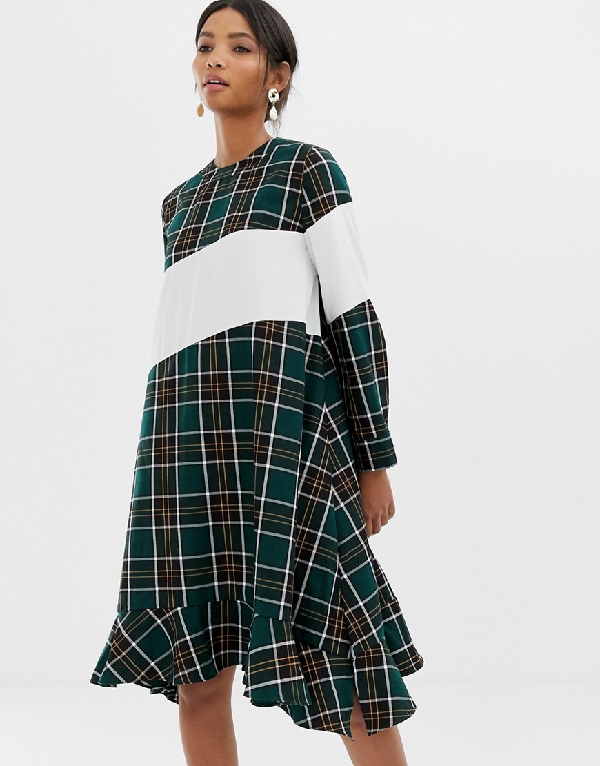 Ghospell oversized smock dress with contrast stripe in check