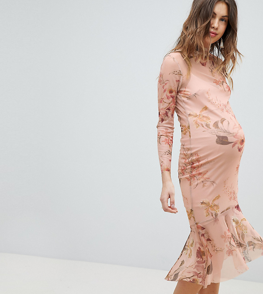 Hope & Ivy Maternity Long Sleeve Printed Mesh Dress With Peplum Hem