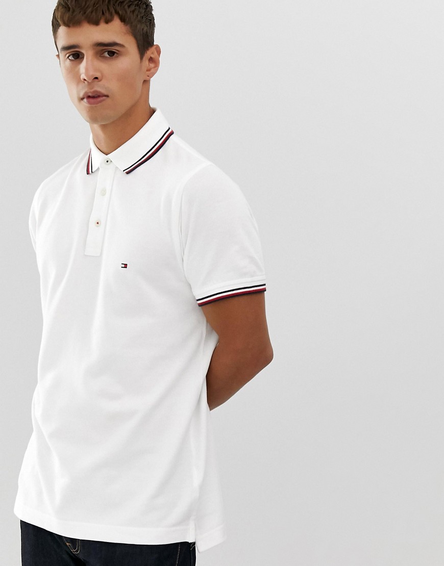 Tommy Hilfiger tipped polo slim fit with pique flag logo in white