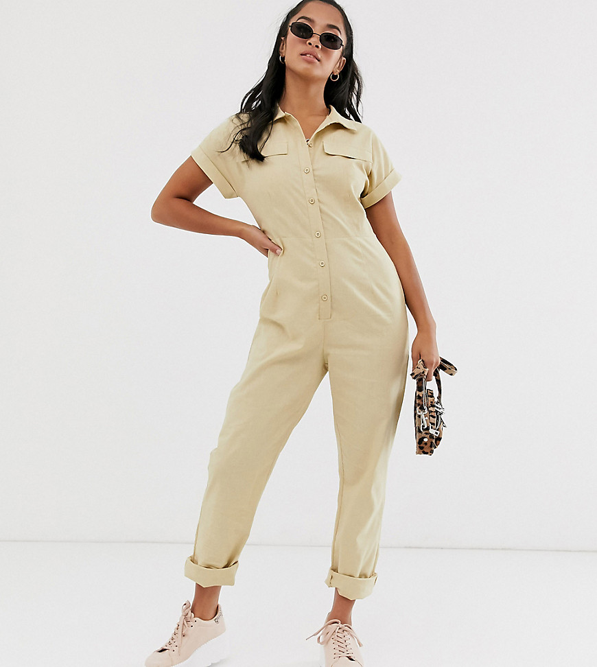 PrettyLittleThing Petite utility jumpsuit in stone