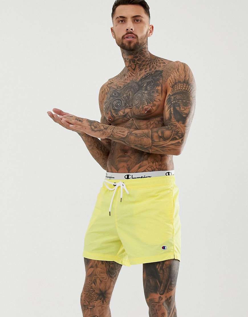 Champion swim shorts with double logo waistband in yellow