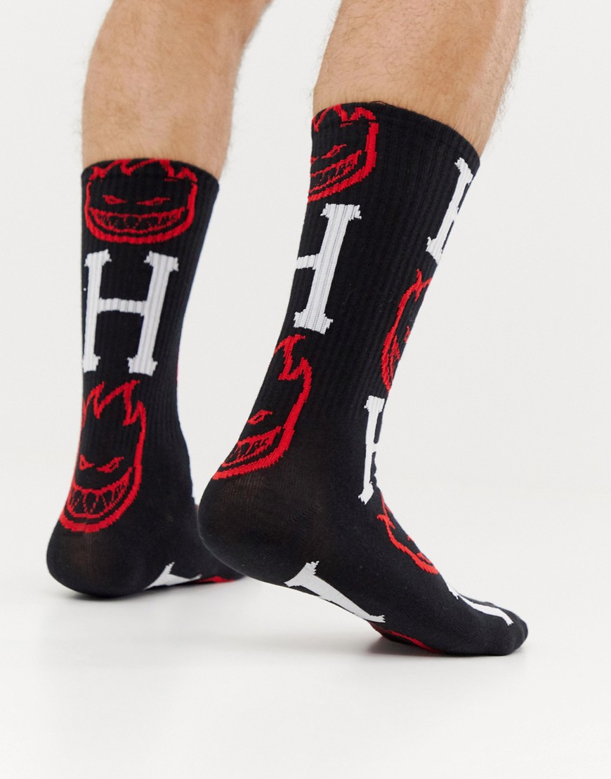 HUF x Spitfire All Over Big Head print socks in black