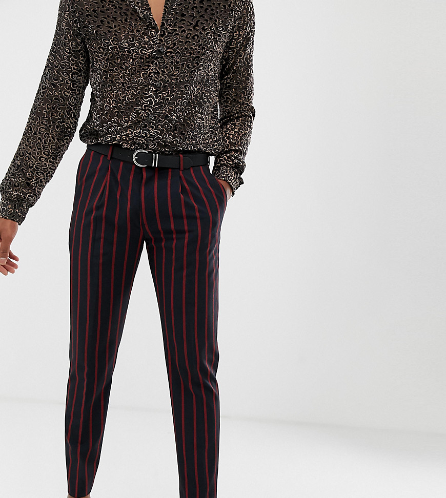 Heart & Dagger slim fit cropped pleated smart trouser in navy and red stripe