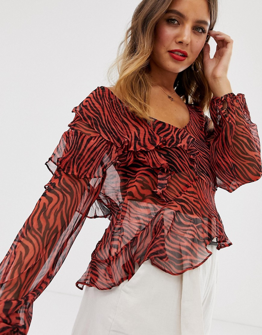 Stevie May Walk On By Ruffle Animal Print Blouse-red
