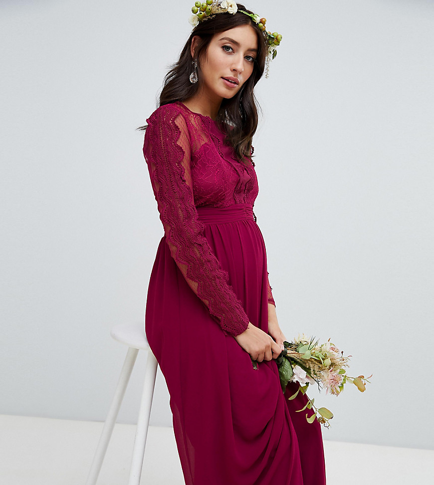 TFNC Maternity lace detail bridesmaid maxi dress in burgundy