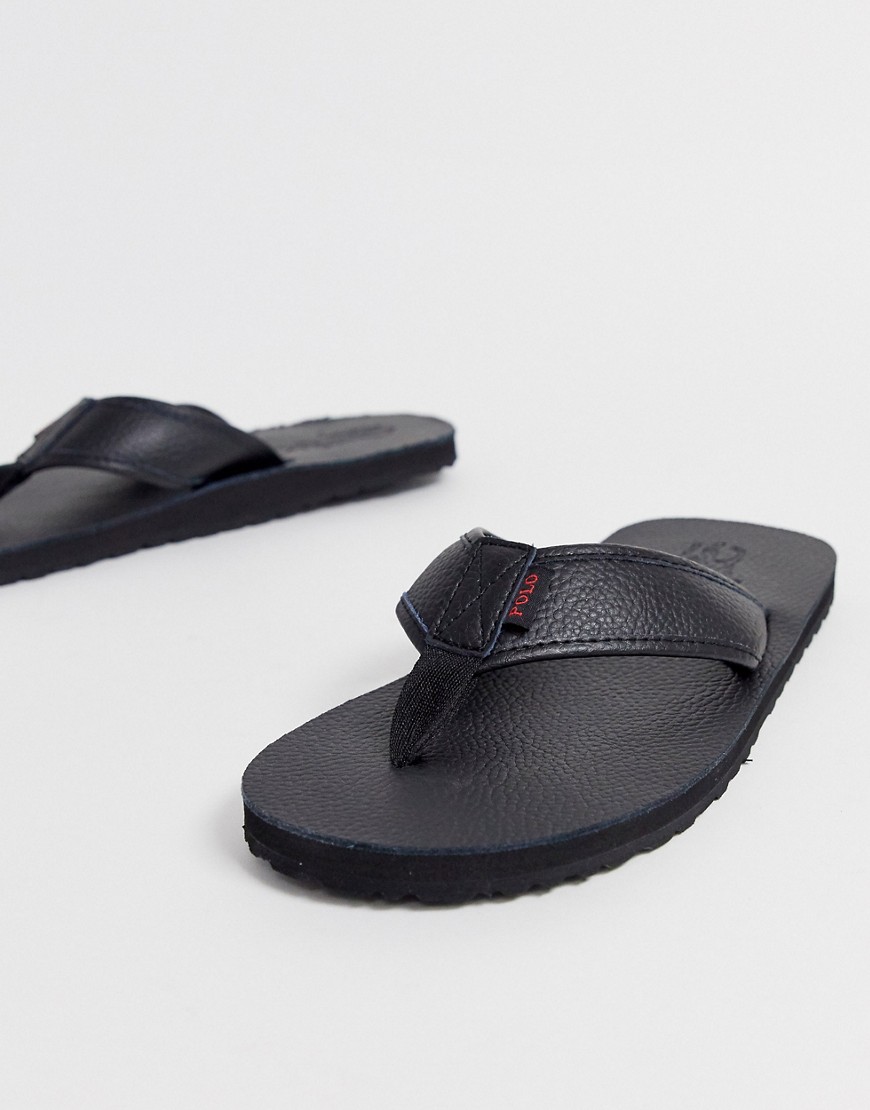 Polo Ralph Lauren sullivan tumbled leather flip flop with contrast logo in black