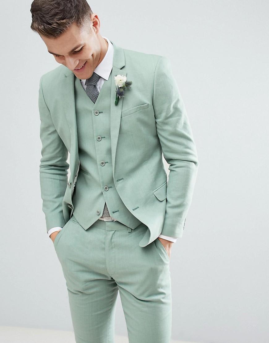 Asos Design Wedding Super Skinny Suit Jacket In Sage Green Linen