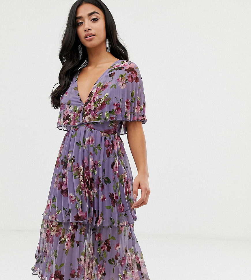 ASOS DESIGN Petite soft pleated tiered midi dress in lilac floral