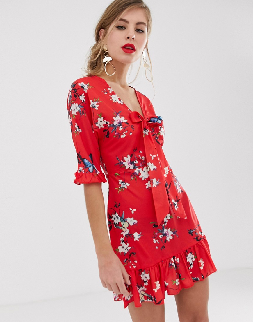 Parisian tie front skater dress in red floral