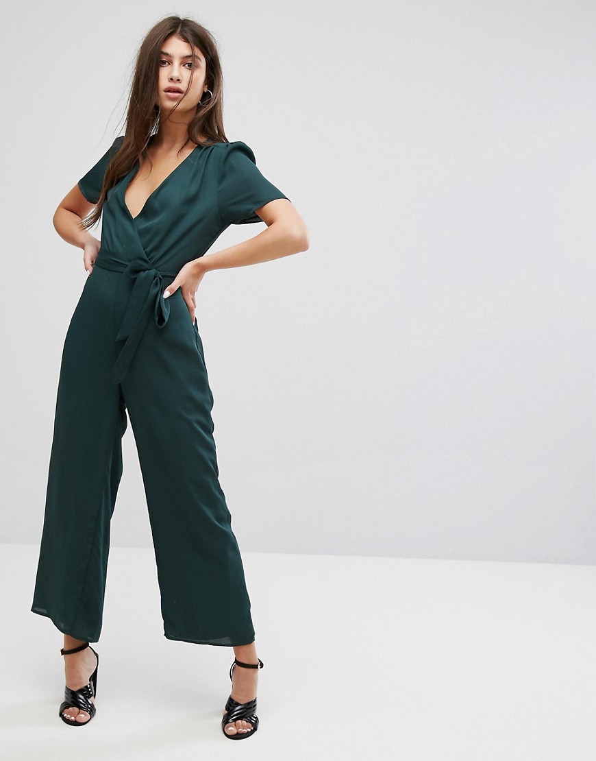 Fashion Union Wrap Front Jumpsuit With Tie Waist - Forest green