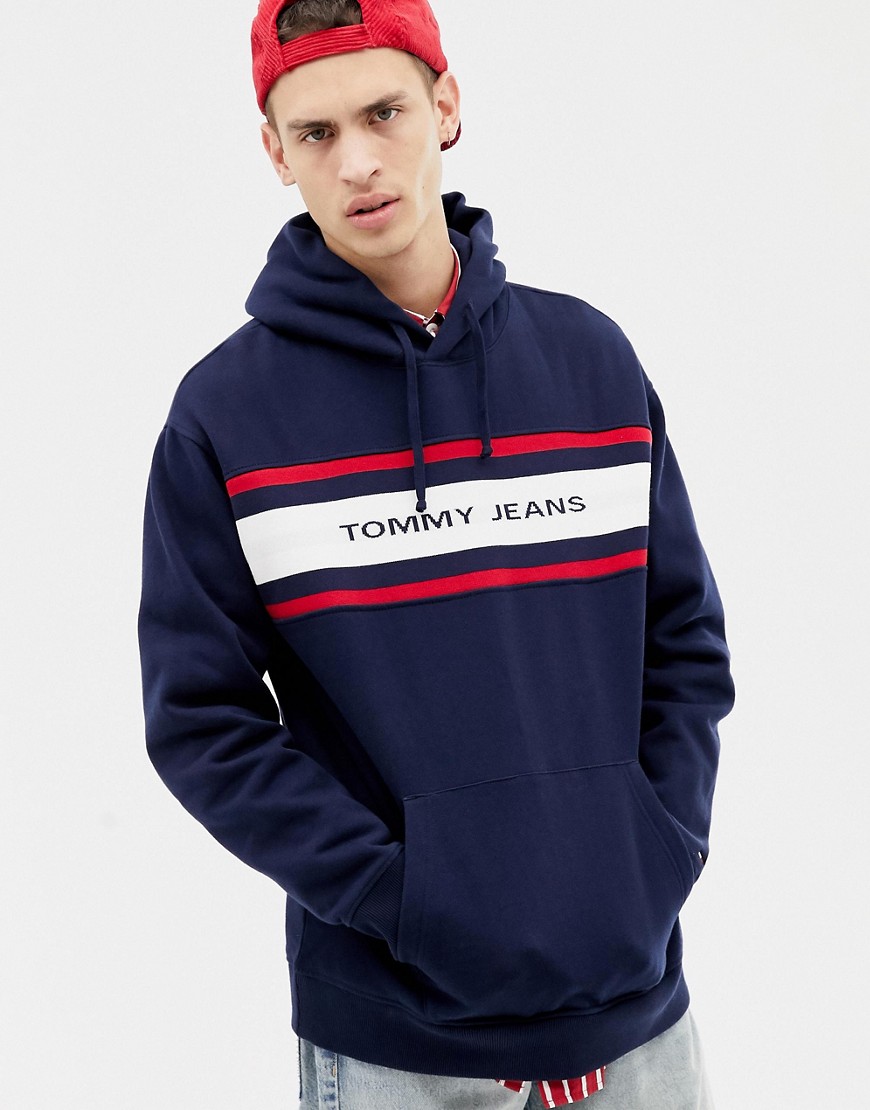 Tommy Jeans relaxed fit fleece hoodie with chest stripe and logo in navy