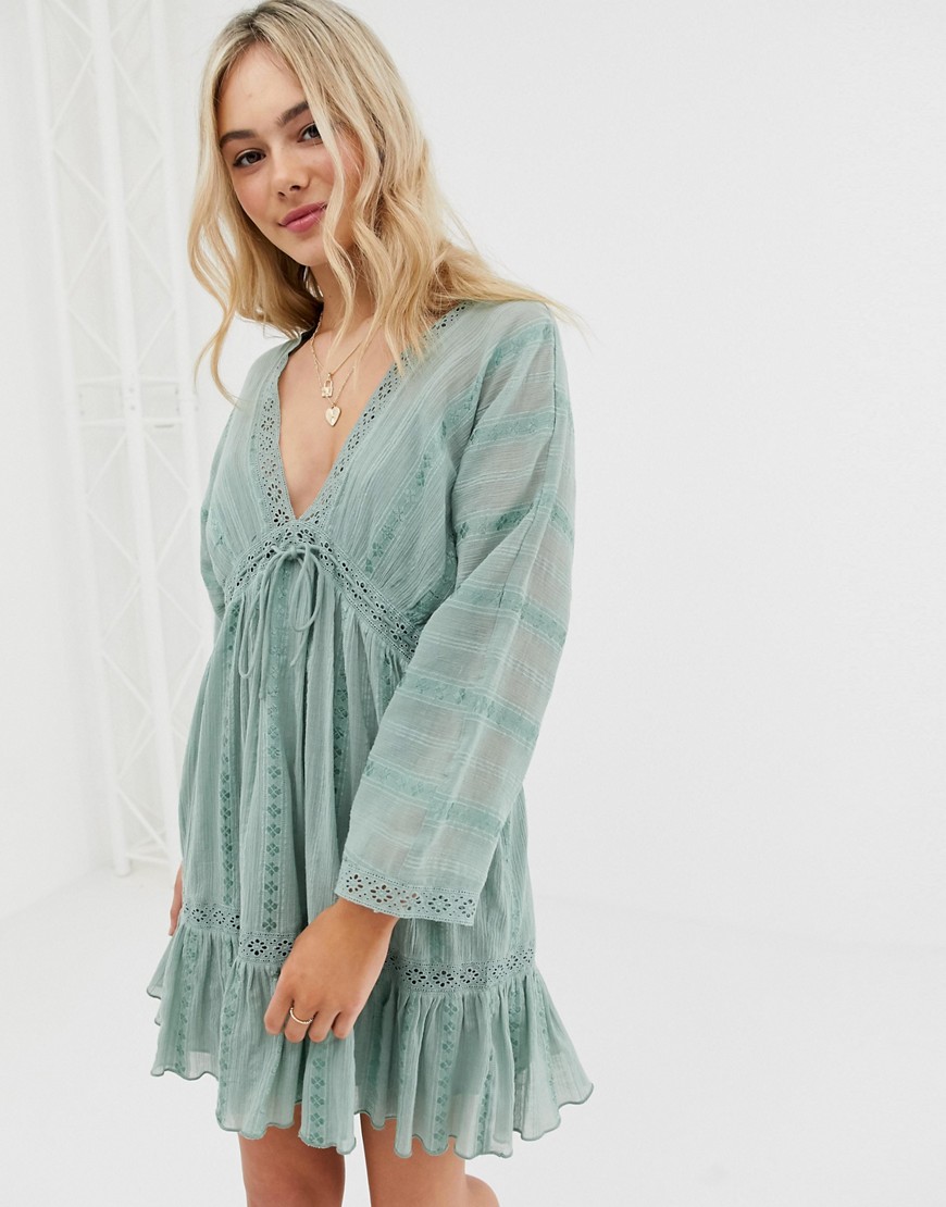 Asos Design Lace Insert Mini Smock Dress With Lace Up Detail-green