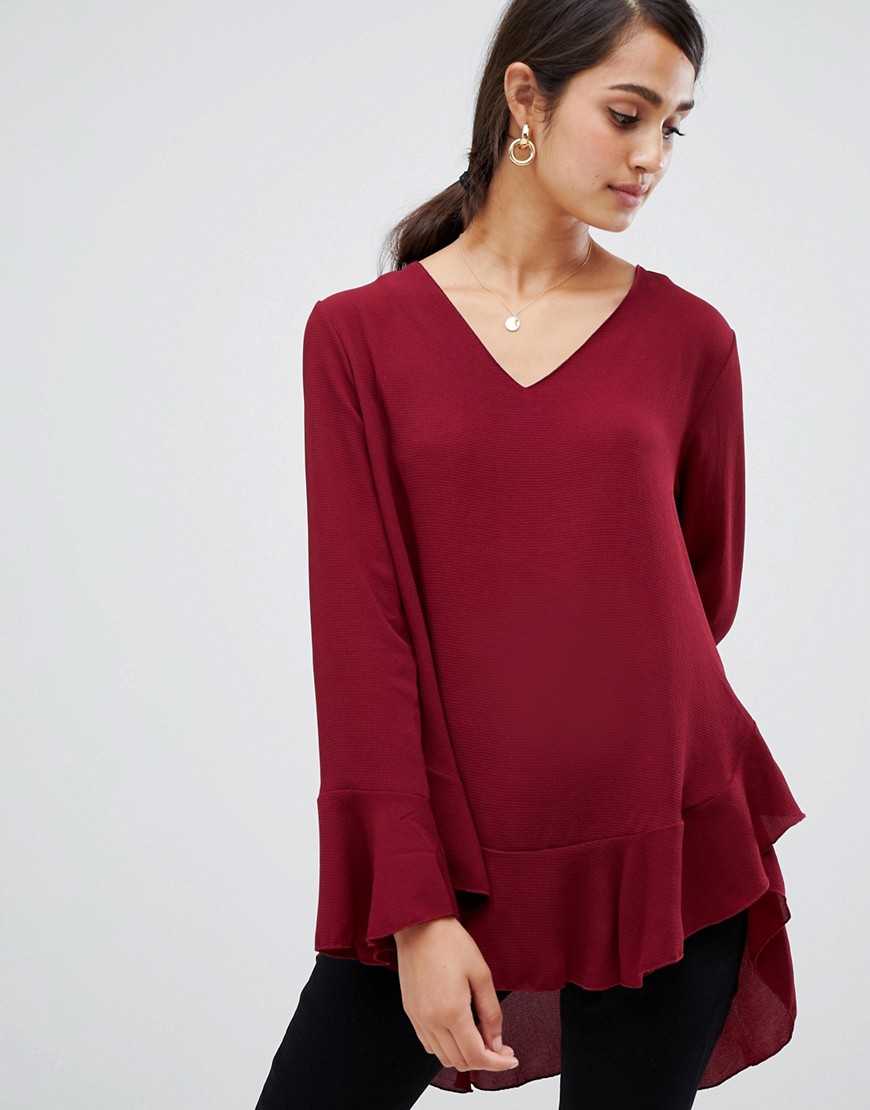 Girls On Film V Neck Top With Frill Sleeve - Red