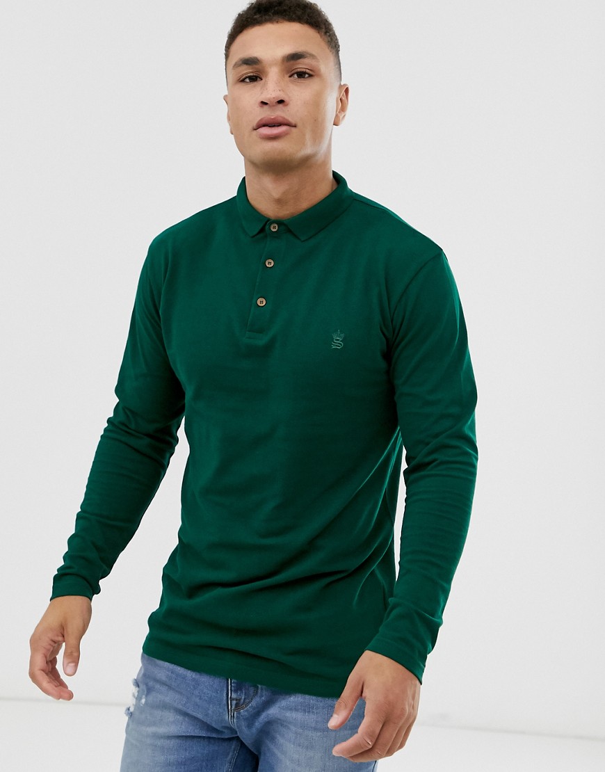 Soul Star fitted jersey long sleeve polo in dark green