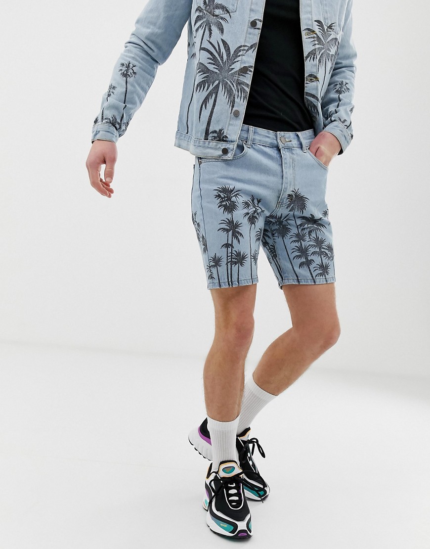 Criminal Damage co-ord denim shorts in blue with palm print