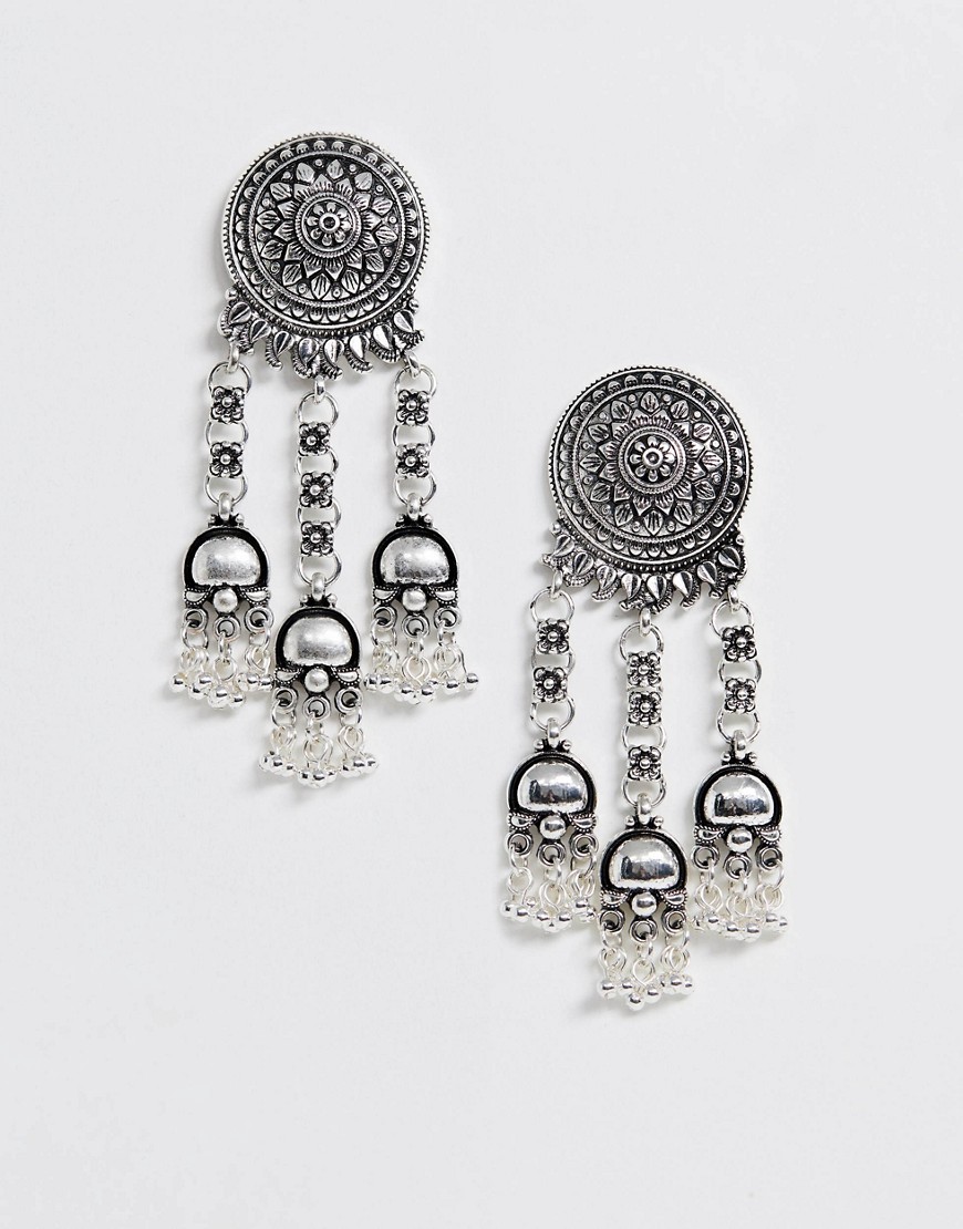 Asos Design Earrings With Etched Disc And Bead Drops In Antique Silver Tone