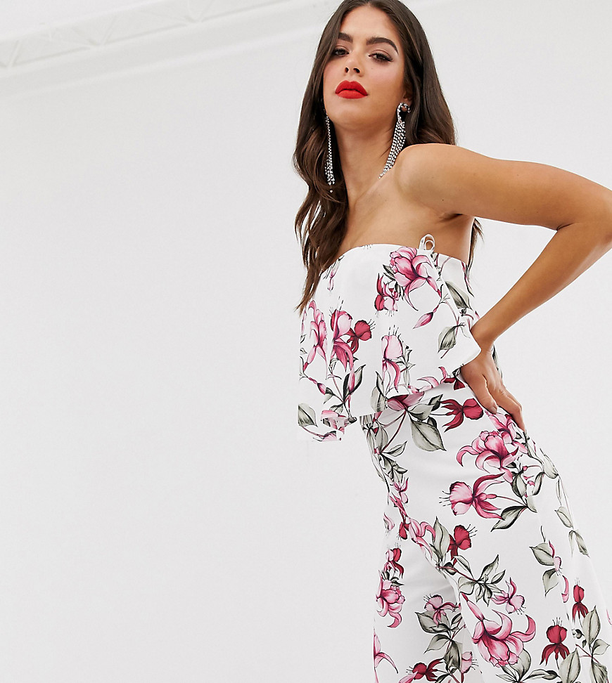 Missguided Tall bandeau culotte jumpsuit in white floral